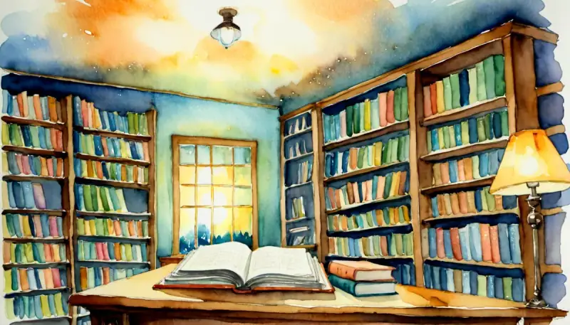 Aquarelle d'une librairie cosy baignée de lumière chaleureuse, évoquant une rencontre fortuite et la magie d'un premier contact, illustrant comment manifester une rencontre rapidement