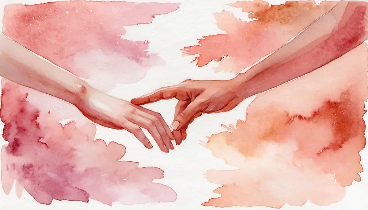 Aquarelle de deux mains tendues l'une vers l'autre en tons rose doré, symbolisant la reconnexion amoureuse et la manifestation du retour d'un ex sans manipulation