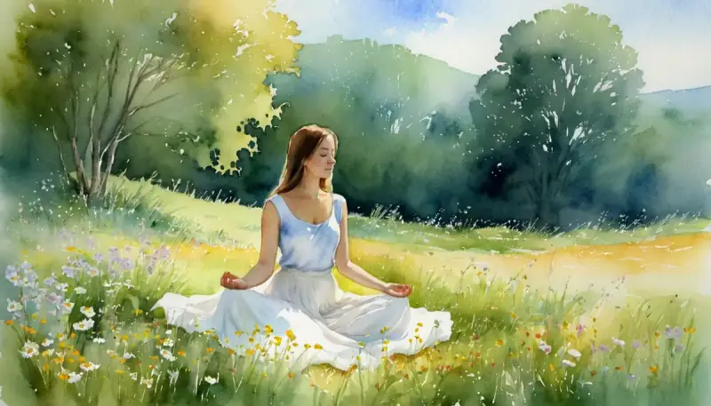 Aquarelle d'une femme méditant avec sérénité dans un pré fleuri en robe blanche légère, illustrant comment manifester l'amour sans forcer, sans s'accrocher, en étant dans le flux