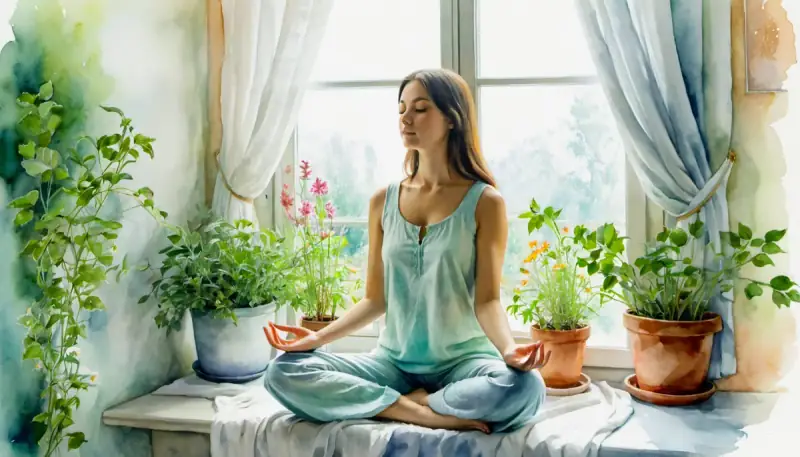 Aquarelle d'une femme méditant serenement dans une pièce lumineuse entourée de plantes vertes et de bougies, illustrant la méditation guidée pour la manifestation avec l'app MMP