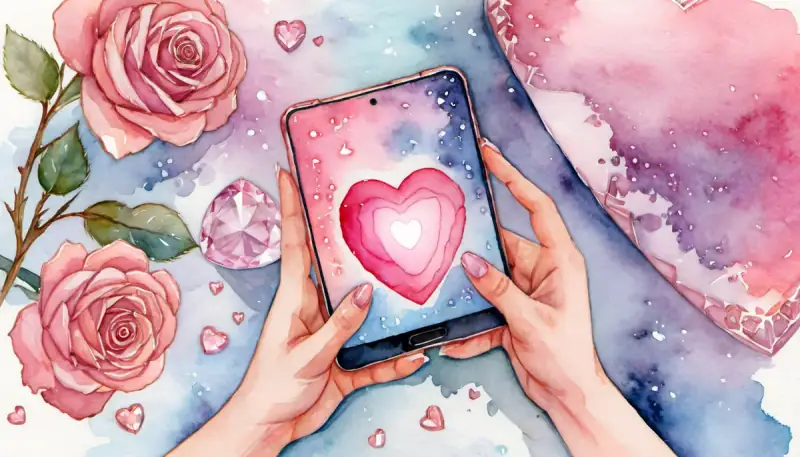 Aquarelle d'une femme tenant un téléphone avec un cœur rose lumineux entouré de cristaux roses, illustrant les meilleures applications mobiles pour manifester l'amour et la loi d'attraction