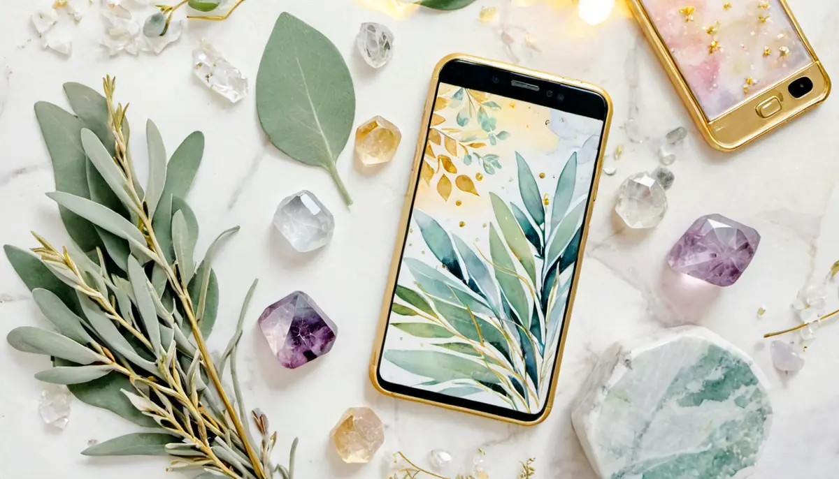 Aquarelle d'un smartphone élégant posé sur du marbre blanc entouré de cristaux et de feuilles de sauge, comparatif visuel des meilleures applications de manifestation en 2026