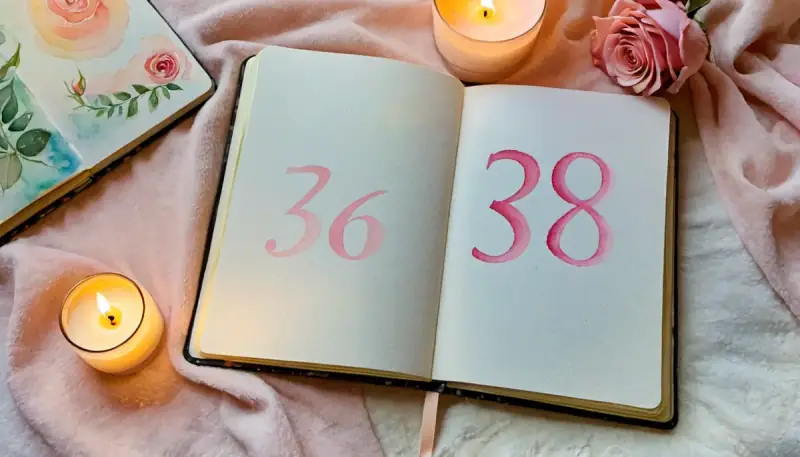 Aquarelle d'une main écrivant le chiffre 369 dans un carnet entouré de cristaux de quartz rose et de bougies allumées, rituel de manifestation amoureuse