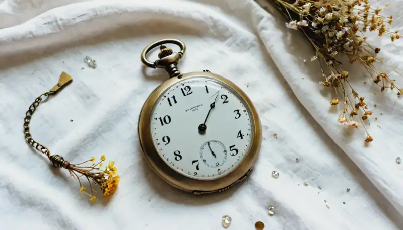 Aquarelle d'une montre de poche vintage en or posée sur des cristaux et de petites fleurs blanches, symbolisant la méthode des 68 secondes de pure pensée positive pour manifester