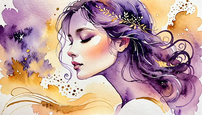 Aquarelle d'une femme chuchotant un vœu qui s'échappe en volutes de lumière dorée vers une silhouette lointaine, illustration de la whisper method