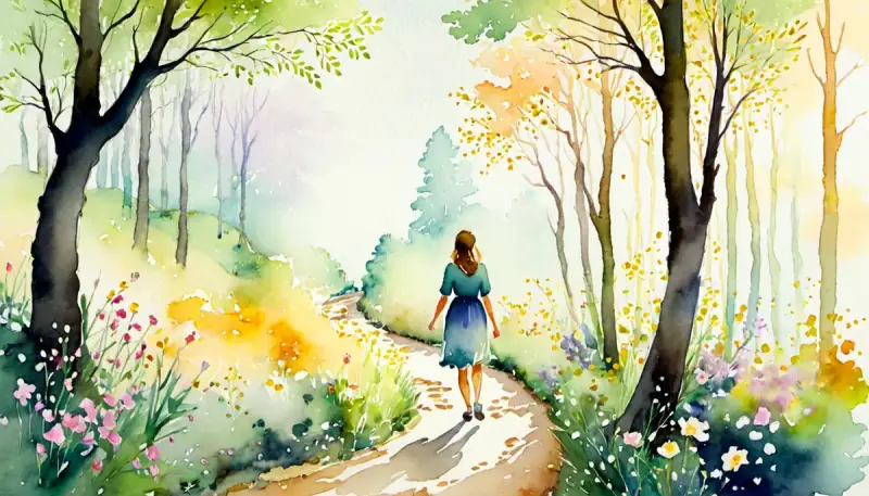 Aquarelle d'une femme faisant ses premiers pas sur un chemin illuminé en forêt dorée au matin, tenant un petit carnet, guide visuel pour débutantes souhaitant commencer la manifestation