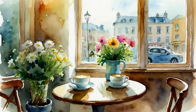 Aquarelle d'une table de café romantique avec deux tasses et des fleurs fraîches, lumière dorée de l'après-midi, illustrant l'anticipation et la réussite d'un premier rendez-vous amoureux
