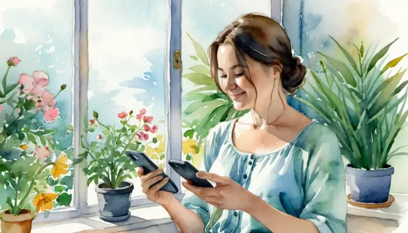 Aquarelle d'une femme utilisant sereinement une application sur son téléphone dans une pièce lumineuse avec des plantes vertes, illustrant l'application MMP Manifestation Méditative