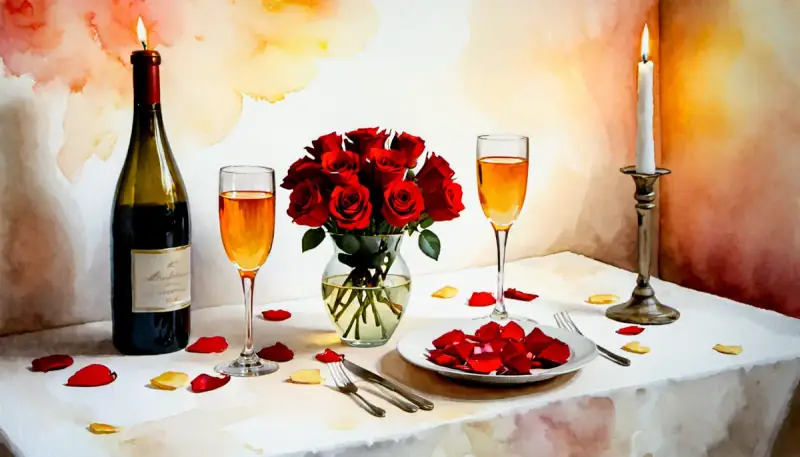 Aquarelle d'un dîner romantique aux chandelles avec des roses rouges et des coupes de champagne sur une table élégante, pour raviver la flamme et l'intensité en couple