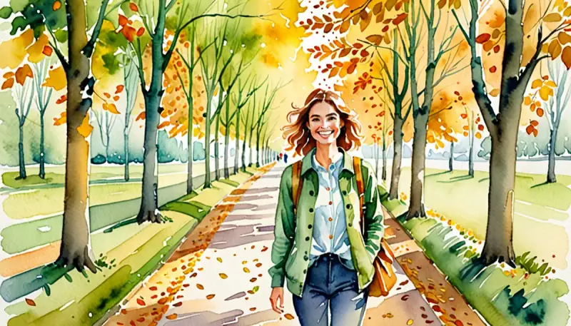 Aquarelle d'une femme souriante marchant dans une allée aux premières feuilles d'automne, carnet neuf sous le bras, énergie de nouveau départ de septembre
