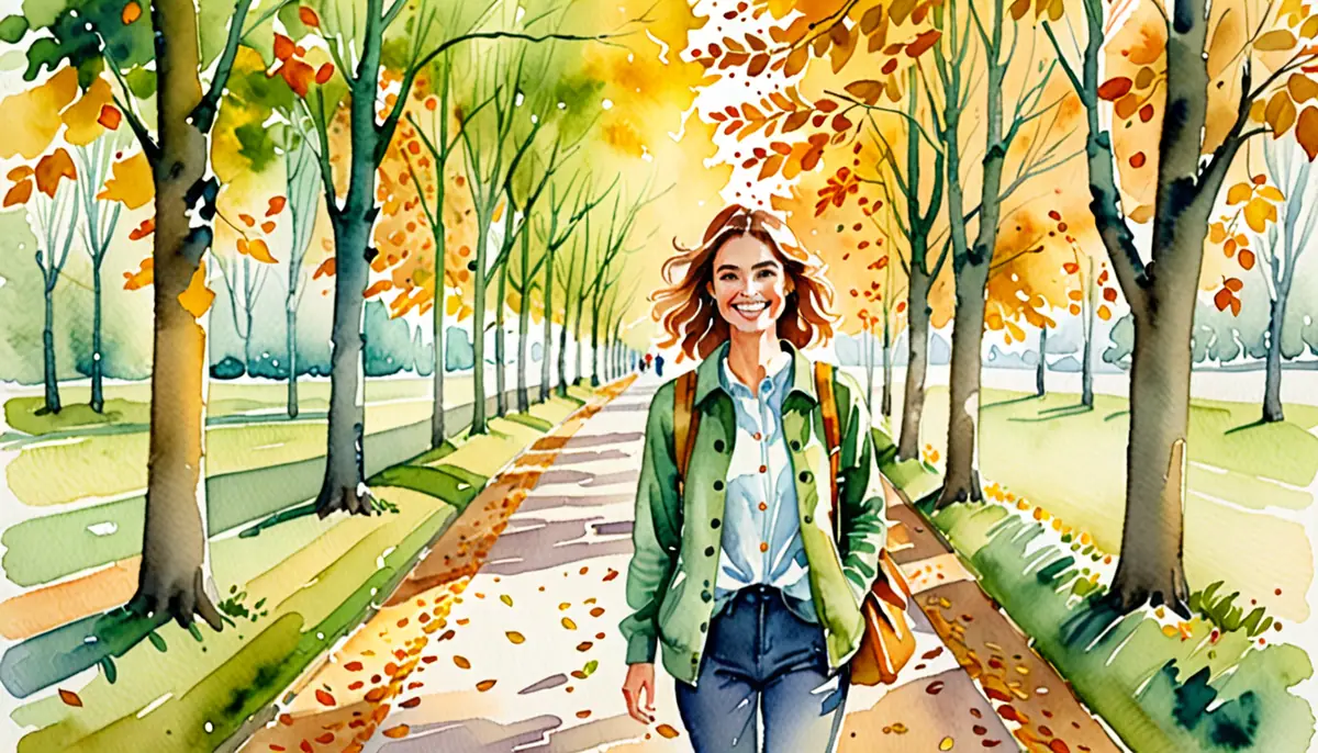 Aquarelle d'une femme souriante marchant dans une allée aux premières feuilles d'automne, carnet neuf sous le bras, énergie de nouveau départ de septembre