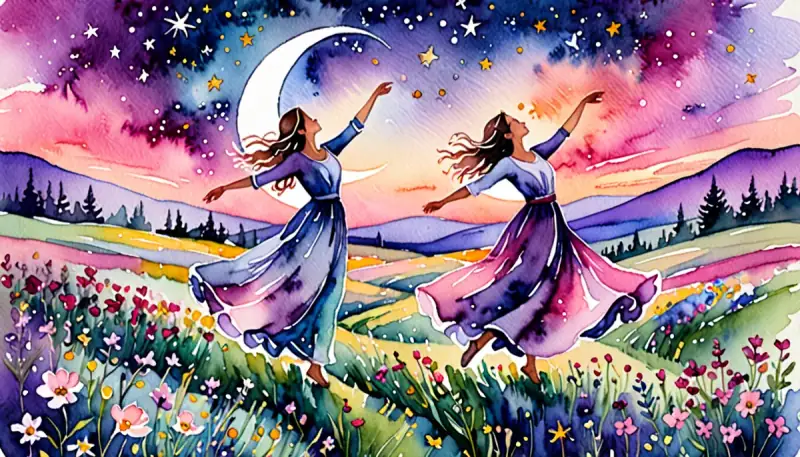 Aquarelle d'une femme dansant librement dans une clairière fleurie au crépuscule, voiles légers et lune naissante, reconnexion à l'énergie du féminin sacré