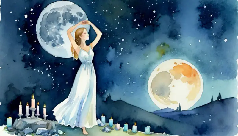 Aquarelle d'une femme en robe blanche sous la pleine lune avec les bras levés, entourée de cristaux et de bougies, rituel de manifestation amoureuse lors de la pleine lune