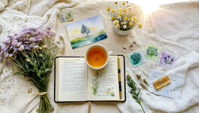 Aquarelle d'un flat lay matinal avec un journal, une tasse de thé fumant, des cristaux et des fleurs sur du lin beige, illustrant une routine de manifestation le matin pour bien commencer la journée