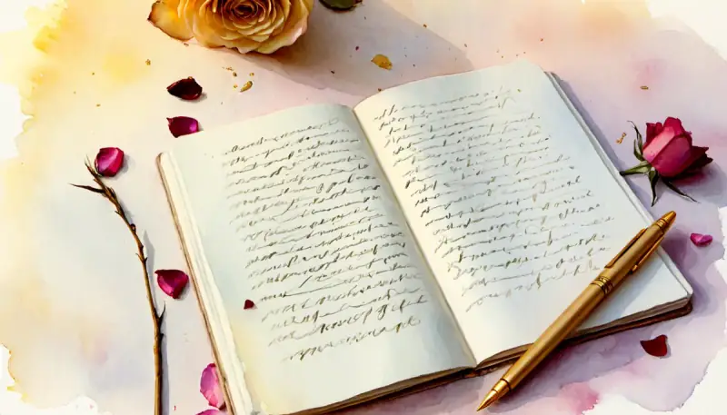Aquarelle d'un journal ouvert avec une écriture cursive dorée, un stylo plume et des pétales de roses séchées, illustrant la technique du scripting pour manifester ses désirs