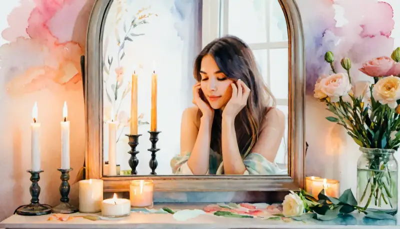 Aquarelle d'une femme se regardant avec douceur et tendresse dans un miroir entouré de bougies et de fleurs fraîches, symbolisant le self-love comme fondement de l'attraction
