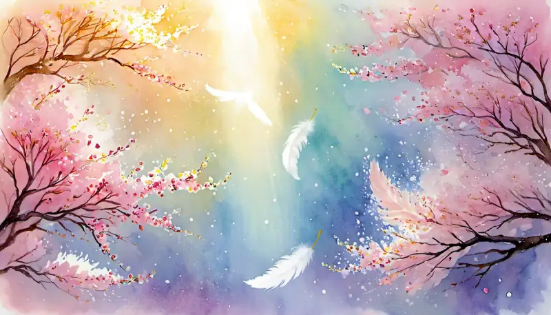 Aquarelle de plumes blanches et de pétales de fleurs de cerisier flottant dans une lumière dorée, symboles de synchronicité indiquant que la manifestation amoureuse fonctionne