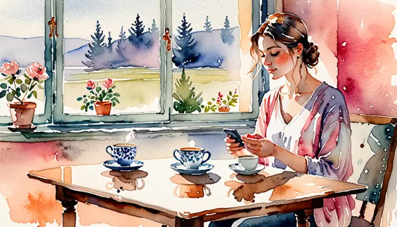 Aquarelle d'une femme sereine assise dos à un téléphone posé au loin, tournée vers une fenêtre lumineuse, symbole du recentrage pendant le silence radio