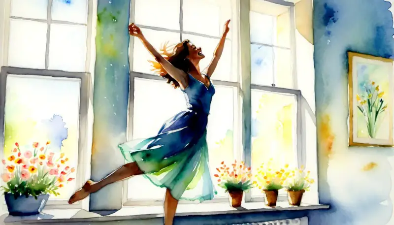 Aquarelle d'une femme dansant librement dans un appartement lumineux avec des fleurs à la fenêtre et la lumière du matin, illustrant la joie de sortir du célibat grâce à la manifestation