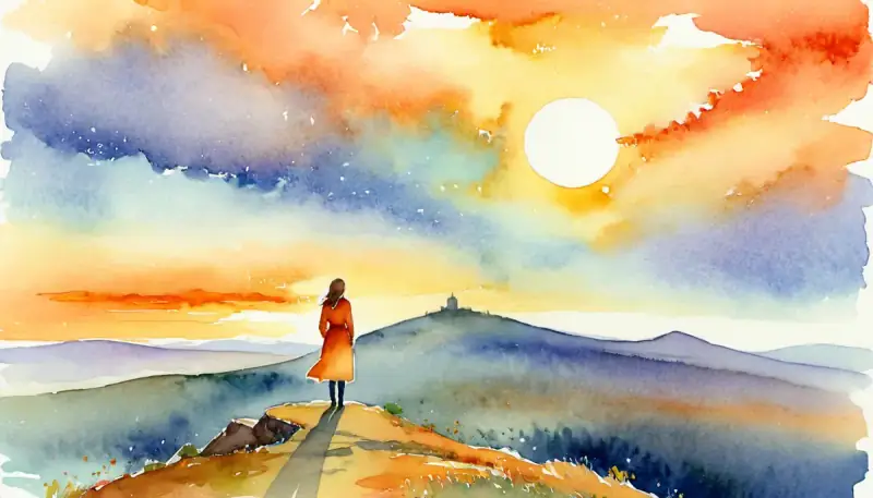 Aquarelle d'une femme forte regardant un lever de soleil depuis une colline, illustrant le nouveau départ et comment surmonter une rupture grâce à la manifestation et la loi d'attraction