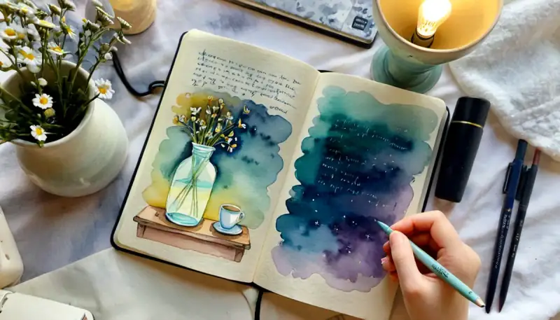 Aquarelle d'une main écrivant des affirmations répétées dans un cahier sur une table en bois, sous une lampe chaleureuse, illustrant la technique 55x5 de manifestation par l'écriture