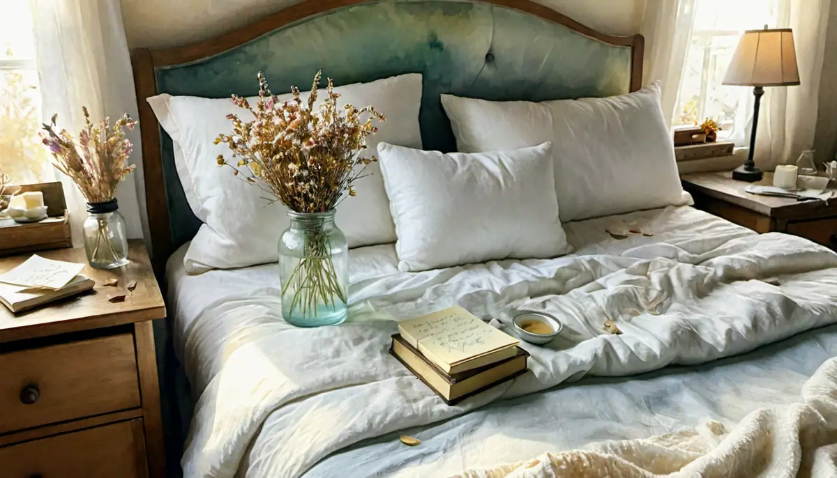 Aquarelle d'un lit douillet avec des oreillers blancs moelleux et une note écrite à la main sur papier crème posée dessus, illustrant la technique de l'oreiller pour manifester pendant le sommeil