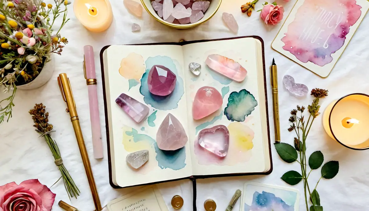 Aquarelle d'une composition flat lay avec un journal ouvert, des cristaux, des bougies et des fleurs séchées, représentant l'ensemble des techniques de manifestation disponibles