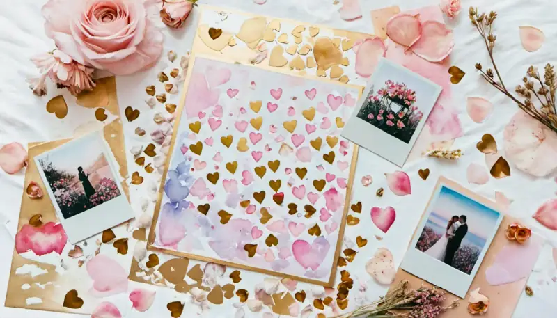 Aquarelle d'un tableau de vision romantique avec des photos, des cœurs et des fleurs disposés sur une surface blanche, technique de visualisation pour manifester l'amour
