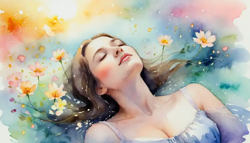 Aquarelle d'une femme aux yeux fermés avec une lumière dorée irradiant de son front entouré de fleurs lumineuses, illustrant la technique de visualisation pour manifester ses désirs